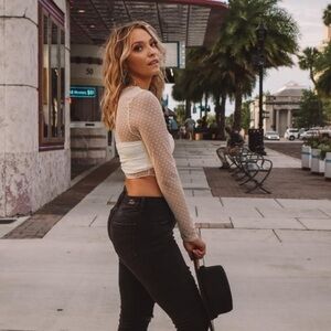 LE LIS / Cream Swiss Dot Sheer Long Sleeve Crop Top